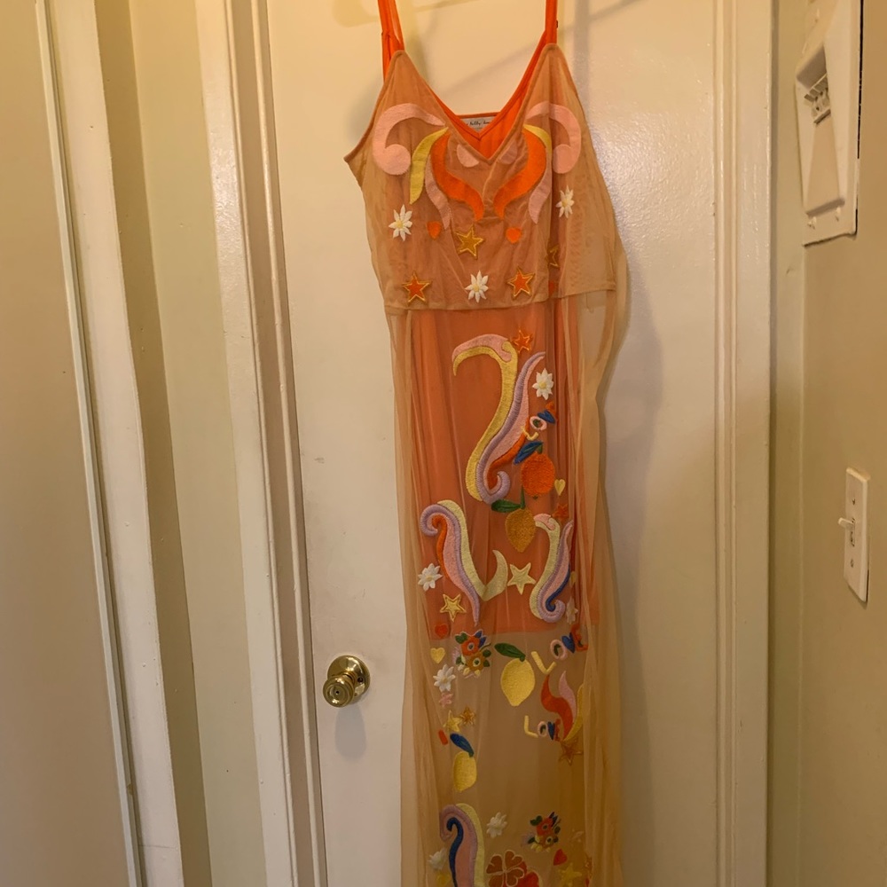 Never Fully Dressed embellished maxi dress in orange. Size 8